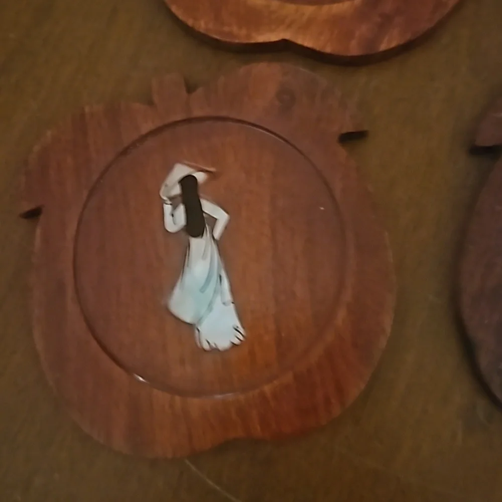 Vintage 1960s Set of Six Mother of Pearl Japanese Lady Floral Coaster Set